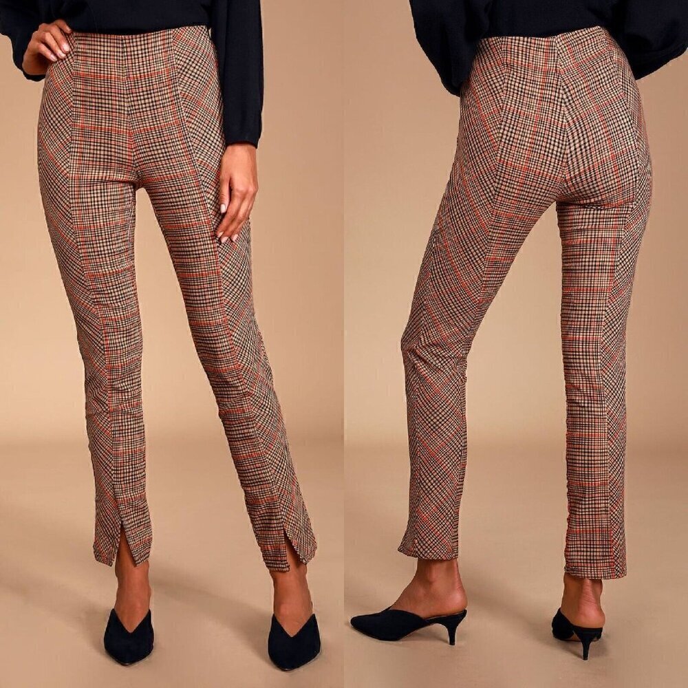 Free People Flyin High Black and Tan Plaid Slit Hem Skinny Pants Women's 4